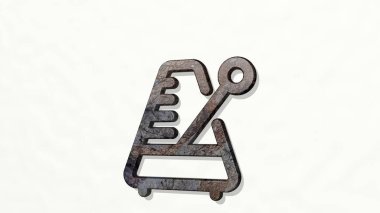 Duvarda müzik metronomu var. Metalik heykelin beyaz arka planda, yumuşak desenli üç boyutlu çizimi. tasarım ve ses