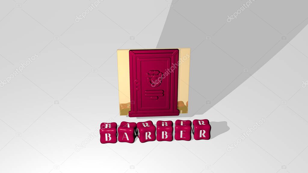 3D illustration of barber graphics and text made by metallic dice letters for the related meanings of the concept and presentations. hair and beauty