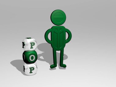 POP 'un dikey olarak 3D grafiksel görüntüsü ve üst perspektiften metalik kübik harflerle simgenin etrafına inşa edilen metin. Konsept sunum ve slayt gösterileri için mükemmel. resimleme