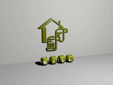 Duvarında simge ve ayna zemininde metalik kübik harflerle konsept ve slayt gösterisi sunumu için düzenlenmiş üç boyutlu tasarı tasviri. iş ve arkaplan