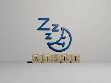 Duvarında bir simge ve ayna zemininde metalik kübik harflerle konsept ve slayt gösterisi sunumu için düzenlenmiş üç boyutlu gece sunumu. arka plan ve şehir