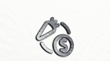 Farming SeLL VEGETable, açık arkaplanlı bir duvarda parlayan metalik bir heykelin 3 boyutlu bir illüstrasyonuyla yapıldı. tarım ve alan