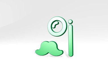 Gözlük, gölgeli bir perspektiften tek gözlüklü bıyık. Üç boyutlu metalik malzemelerden yapılmış kalın bir heykel. arkaplan ve resimleme