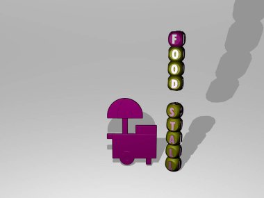 Konsept ve sunumların ilgili anlamları için metalik zar harflerinin oluşturduğu ikonun etrafındaki gıda tezgahı grafiklerinin 3 boyutlu çizimi ve metin. arkaplan ve taze