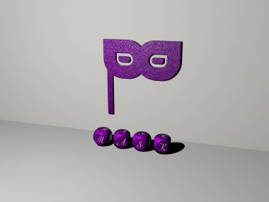 Üst perspektiften metalik kübik harflerle oluşturulan maSK 'nın dikey olarak 3B grafik görüntüsü, konsept sunumu ve slayt gösterileri için mükemmel. Resim ve arkaplan