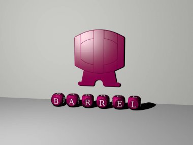 BARREL grafiklerinin 3 boyutlu çizimi ve bu konsept ve sunumların ilgili anlamları için metalik zar harfleri tarafından yapılan metin. arkaplan ve siyah