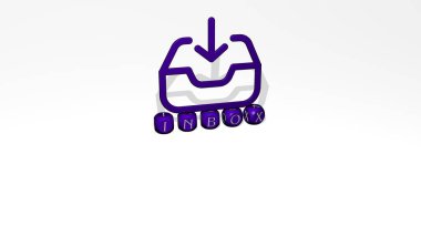 INBOX 'un dikey olarak 3D grafiksel görüntüsü, üst perspektiften metalik kübik harflerle oluşturulan metinlerle birlikte, konsept sunumu ve slayt gösterileri için mükemmel. e- posta ve illüstrasyon