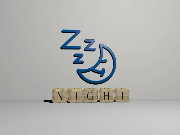 Night的3D表示 墙壁上有图标 文字用金属立方体字母排列在镜面 用于概念意义和幻灯片演示 背景和城市 — 图库照片