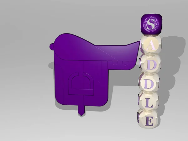 从顶部看 Saddle的3D图形图像与围绕图标的文本是由金属立方字母构成的 优秀的概念演示和滑行 — 图库照片