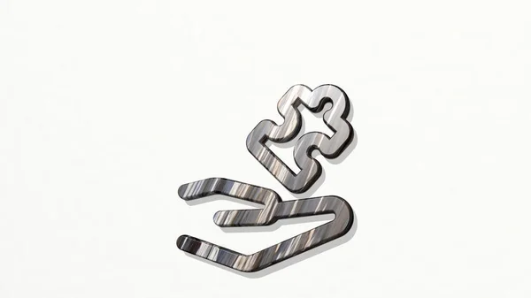 Modul Hand Puzzle Vytvořený Ilustrací Lesklé Kovové Sochy Stěně Světelným — Stock fotografie