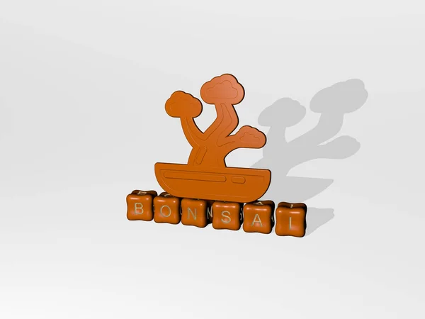 Representação Bonsai Com Ícone Parede Texto Dispostos Por Letras Cúbicas — Fotografia de Stock