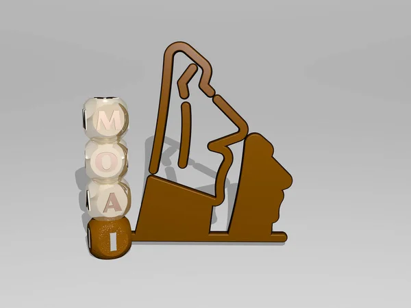 3D graphical image of MOAI vertically along with text built around the icon by metallic cubic letters from the top perspective. excellent for the concept presentation and slideshows. easter and