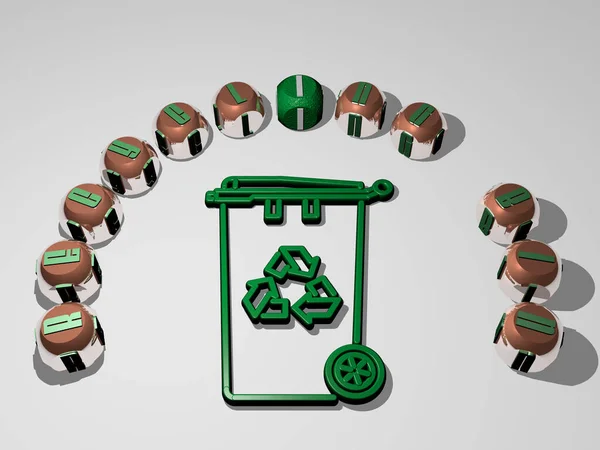 아이콘이 Recycling Bin 개념적 의미와 슬라이드 프레젠테이션을 바닥에 입방체로 텍스트 — 스톡 사진