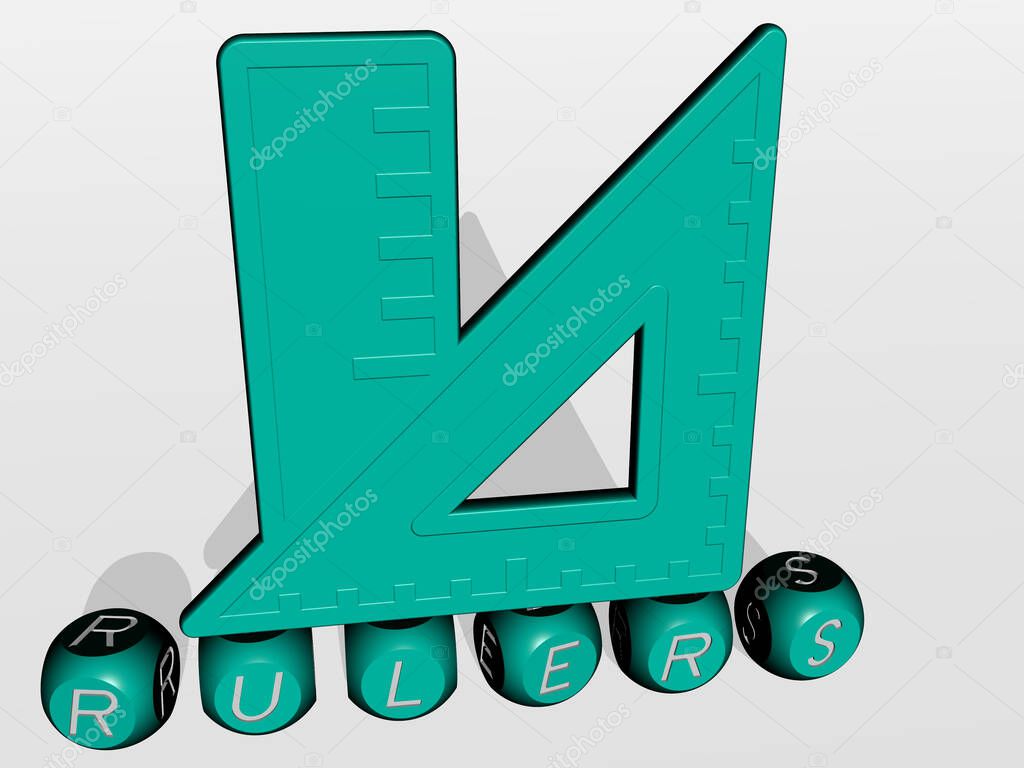3D graphical image of rulers vertically along with text built by metallic cubic letters from the top perspective, excellent for the concept presentation and slideshows. illustration and school