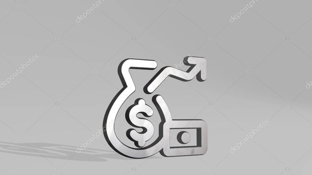 SAVING BAG INCREASE made by 3D illustration of a shiny metallic sculpture casting shadow on light background. concept and money