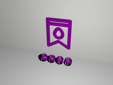 Bayrağın dikey olarak 3D grafiksel görüntüsü ve üst perspektiften metalik kübik harflerle yapılmış yazı, konsept sunumu ve slayt gösterileri için mükemmel. Resim ve arkaplan
