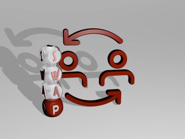 Değişimin 3 boyutlu temsili, duvarda simge ve ayna zemininde metalik kübik harflerle konsept ve slayt gösterisi sunumu için düzenlenmiş metin. resimleme ve takas