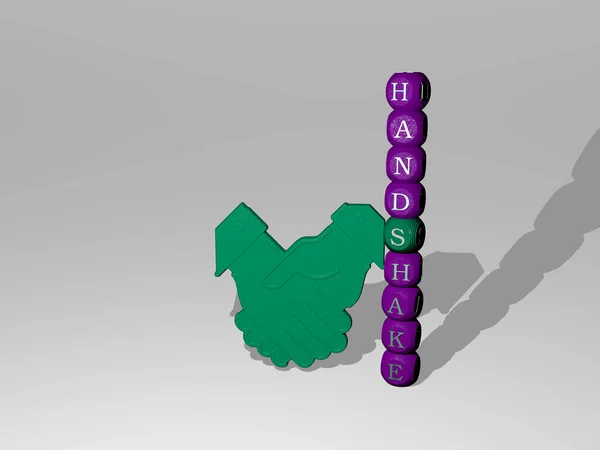 3D展示了Handshake图形和文字的图标周围的金属骰子字母的概念和表述的相关含义 业务和协议 — 图库照片