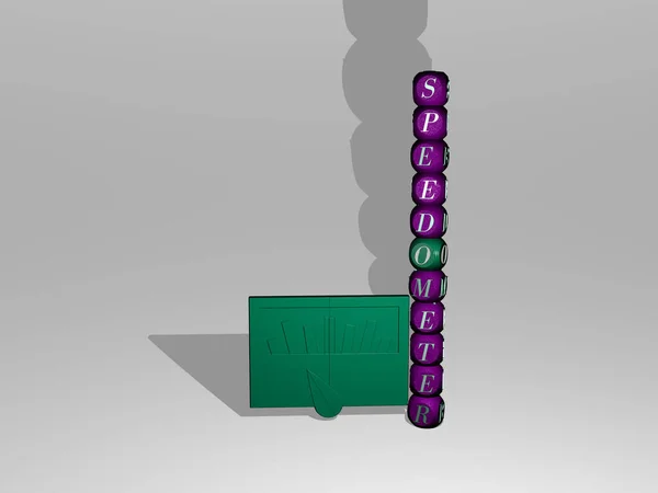三维图解的速度计图形和文字的图标周围的金属骰子字母的相关含义的概念和演示 汽车和背景 — 图库照片