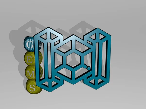 3D graphical image of gems vertically along with text built around the icon by metallic cubic letters from the top perspective. excellent for the concept presentation and slideshows. background and