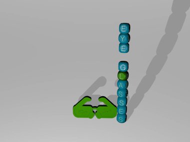 Duvarında ikon olan EYE GLASSES 'in 3 boyutlu temsili ve kavram ve slayt gösterisi sunumu için ayna zemininde metalik kübik harflerle düzenlenmiş metin. arkaplan ve resimleme