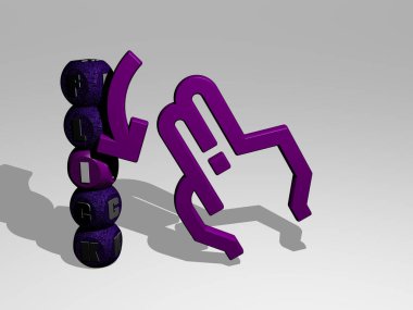 FLICK 'in duvarında simge ve ayna zemininde metalik kübik harflerle konsept ve slayt gösterisi sunumu için düzenlenmiş üç boyutlu temsili. Resim ve parmak