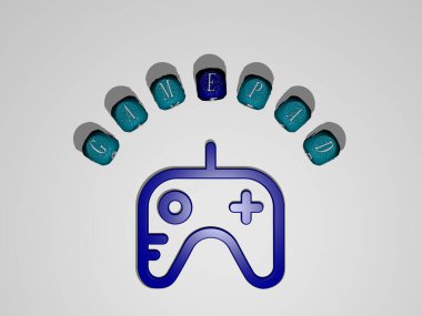 GAMEPAD 'in duvarında simge ve ayna zemininde metalik kübik harflerle konsept ve slayt gösterisi sunumu için düzenlenmiş üç boyutlu temsili. Resim ve denetleyici