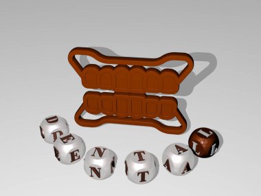 Duvarında ikon olan DENTAL 'in 3 boyutlu temsili ve ayna zemininde kavram ve slayt gösterisi sunumu için metalik kübik harflerle düzenlenmiş metin. dişçi ve bakım