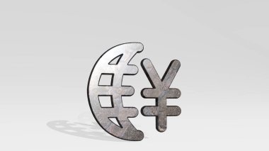 Döviz Yuan uluslararası gölge ve iki ışık. Metalik heykelin beyaz arka planda, yumuşak desenli üç boyutlu çizimi. iş ve konsept