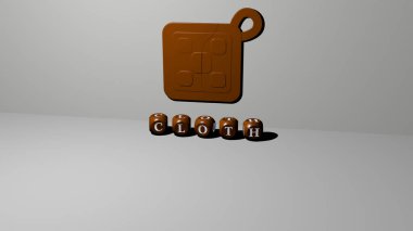 CLOTH 'un dikey olarak 3B grafiksel görüntüsü, üst perspektiften metalik kübik harflerle oluşturulan metinlerle birlikte, konsept sunumu ve slayt gösterileri için mükemmel. arkaplan ve resimleme