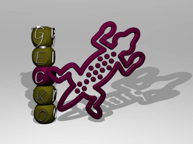 GECKO 'nun dikey olarak 3B grafiksel görüntüsü ve üst perspektiften metalik kübik harflerle simge etrafında inşa edilen metin. Konsept sunum ve slayt gösterileri için mükemmel. hayvan ve