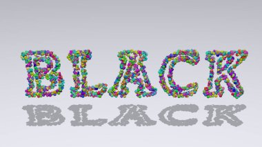 Beyaz arkaplan ve eşleşen gölge üzerinde küçük nesnelerle siyah metnin renkli 3D yazımı. Resim ve soyut