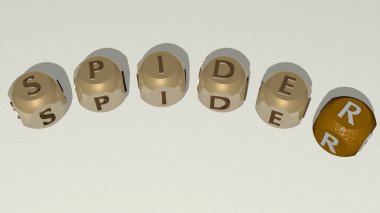 Üst perspektiften gelen kübik harflerle örümceğin kombinasyonu, konsept sunumu için mükemmel. arkaplan ve resimleme