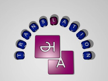 Konsept ve sunumların ilgili anlamları için metalik zar harflerinin oluşturduğu ikonun etrafındaki çeviri grafikleri ve metnin 3 boyutlu çizimi. arkaplan ve kart