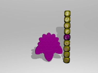 3D illustration of SUNFLOWER graphics and text around the icon made by metallic dice letters for the related meanings of the concept and presentations. background and beautiful clipart