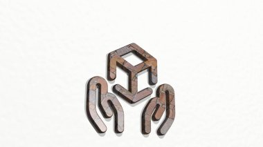 Sevkiyat duvardaki bir perspektiften verilmiş. Üç boyutlu metalik malzemelerden yapılmış kalın bir heykel. dağıtım ve illüstrasyon