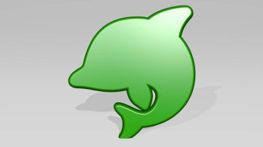 Dolphin gölgenin yanında duruyor. Metalik heykelin beyaz arka planda, yumuşak desenli üç boyutlu çizimi. hayvan ve deniz