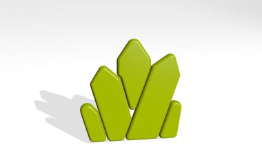 Dekorasyon kristalleri gölgede kalır. Metalik heykelin beyaz arka planda, yumuşak desenli üç boyutlu çizimi. tasarım ve soyut