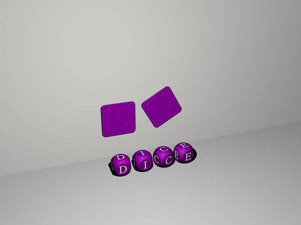 3D representation of DICE with icon on the wall and text arranged by metallic cubic letters on a mirror floor for concept meaning and slideshow presentation. illustration and background