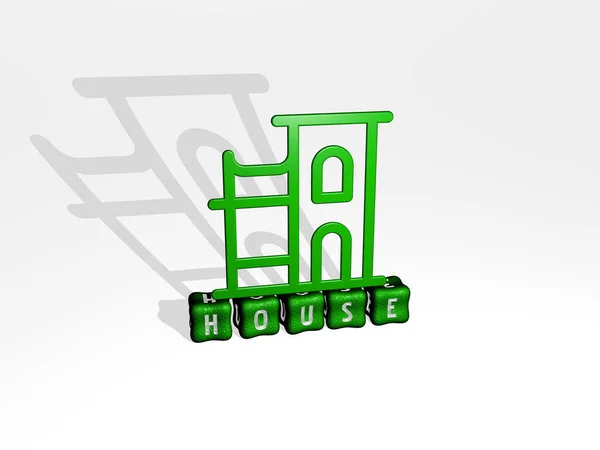 Grafisk Bild House Vertikalt Tillsammans Med Text Byggd Metalliska Kubikbokstäver — Stockfoto
