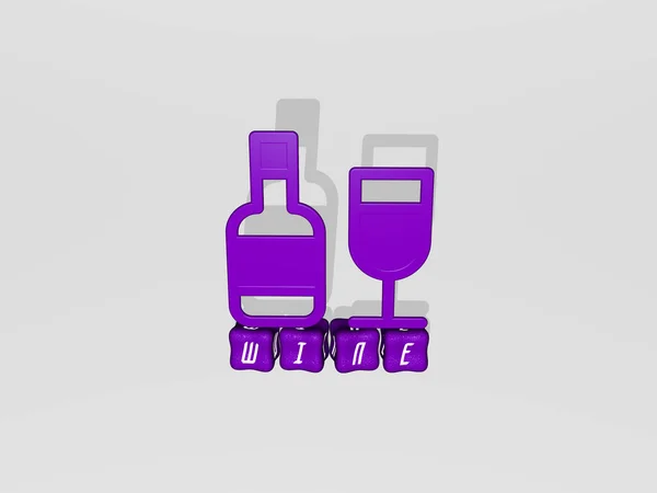 3D graphical image of WINE vertically along with text built by metallic cubic letters from the top perspective, excellent for the concept presentation and slideshows. background and alcohol