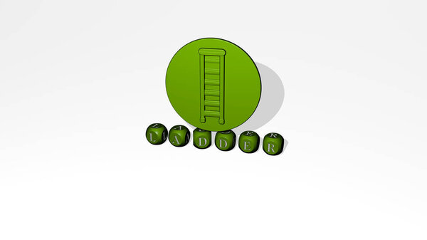 3D представление лестницы с иконкой на стене и текстом, упорядоченным металлическими кубическими буквами на зеркальном полу для представления концепции и слайд-шоу. иллюстрация и фон