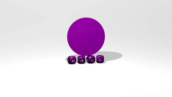 stock image 3D graphical image of BALL vertically along with text built by metallic cubic letters from the top perspective, excellent for the concept presentation and slideshows. illustration and background
