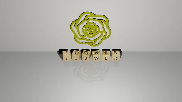 3D graphical image of FLOWER vertically along with text built by metallic cubic letters from the top perspective, excellent for the concept presentation and slideshows. background and illustration