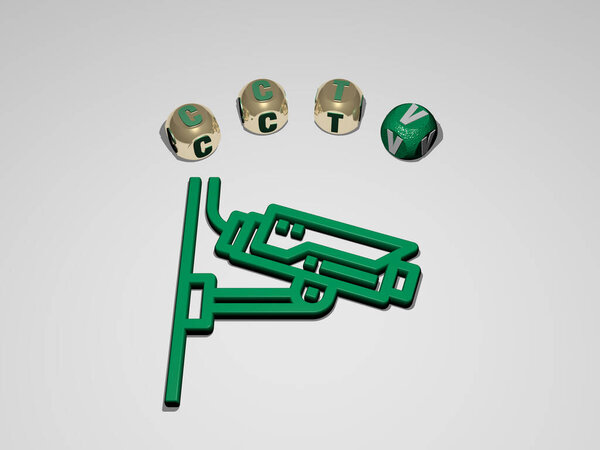 3D иллюстрация графики CCTV и текста вокруг иконки, сделанной металлическими буквами кубиков для соответствующих значений концепции и презентаций. камера и охрана