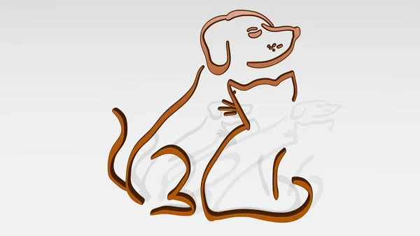 dog made by 3D illustration of a shiny metallic sculpture with the shadow on light background. animal and cute