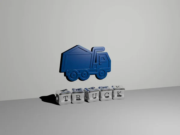 Представлення Вантажівки Піктограмою Стіні Текстом Розташованим Металевими Кубічними Літерами Дзеркальній — стокове фото