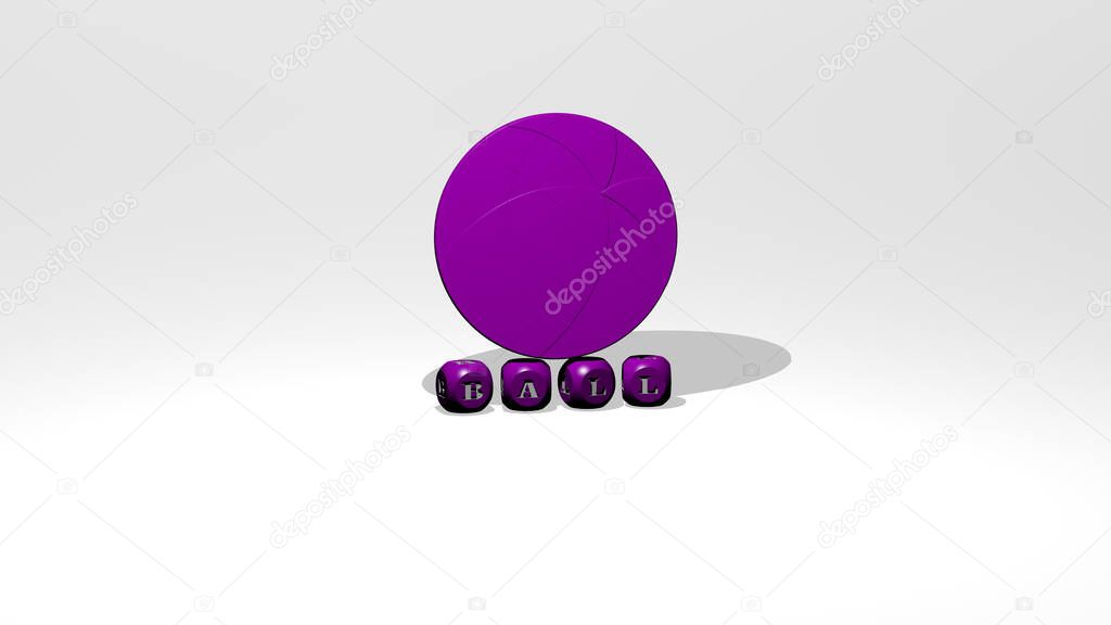 3D graphical image of BALL vertically along with text built by metallic cubic letters from the top perspective, excellent for the concept presentation and slideshows. illustration and background
