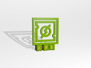 En üst perspektiften metalik kübik harflerle oluşturulan metinlerle birlikte dikey olarak Cpu 'nun 3B grafik görüntüsü, konsept sunumu ve slayt gösterimi için mükemmel. bilgisayar ve resimleme