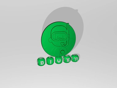 DIVER 'ın dikey olarak 3B grafiksel görüntüsü, üst perspektiften metalik kübik harflerle oluşturulan metinlerle birlikte, konsept sunumu ve slayt gösterimi için mükemmel. dalış ve resimleme